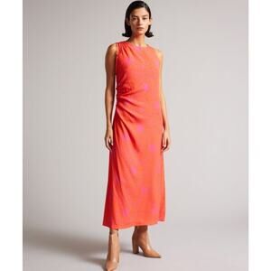 Ted Baker Luissa Midi Dress Size 2 Orange & Pink Ruched Side Detail Sleeveless